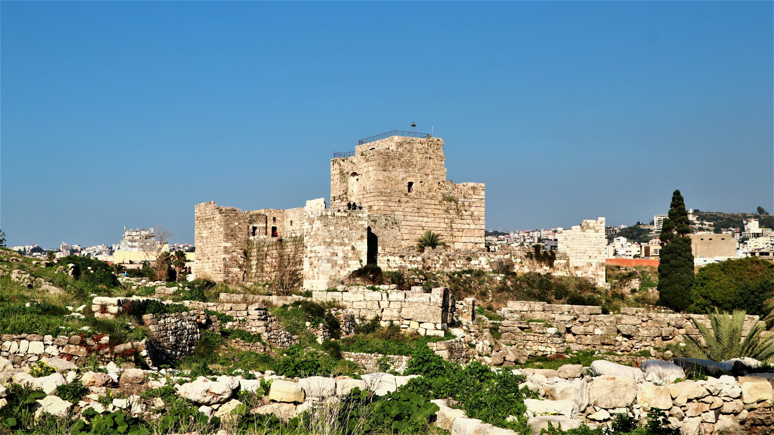 stone fortifications of the byblos citadel, lebanon, surrounded by archaeological remains and greenery under a clear sky.