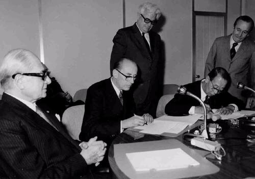 Officials signing the World Heritage Convention during a formal meeting in 1972.
