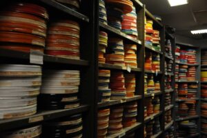 Shelves filled with labeled film reels stored in an archive repository.