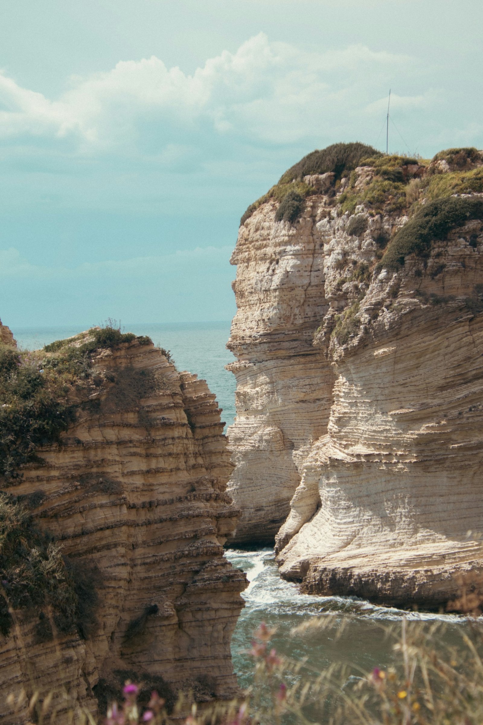 Lebanon Pigeon Rocks, White limestone coastal cliffs along the Mediterranean shoreline in Lebanon