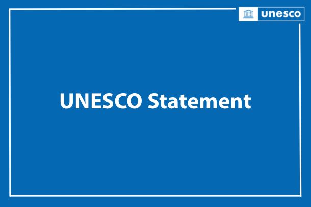 Blue graphic with the UNESCO logo and the words “UNESCO Statement” centered on a plain background.